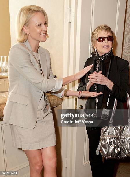 Actor Charlize Theron and actor/V-Day Board Member Jane Fonda attend V-Day's 4th Annual LA Luncheon featuring a reading of Eve Ensler's newest work...