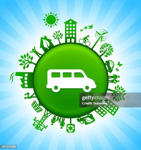 van environment green button background on blue sky - glowing power button stock illustrations