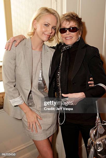 Actor Charlize Theron and actor/V-Day Board Member Jane Fonda attend V-Day's 4th Annual LA Luncheon featuring a reading of Eve Ensler's newest work...