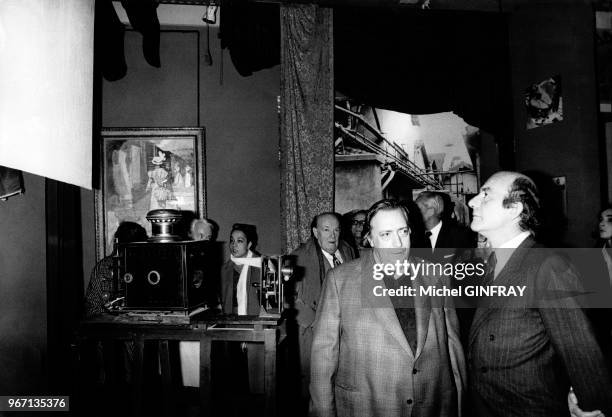 Georges Méliès, Henri Langlois et Michel Guy, lors de la réouverture des salles du Musée du Cinéma le 22 mars 1975 au Palais de Chaillot à Paris,...