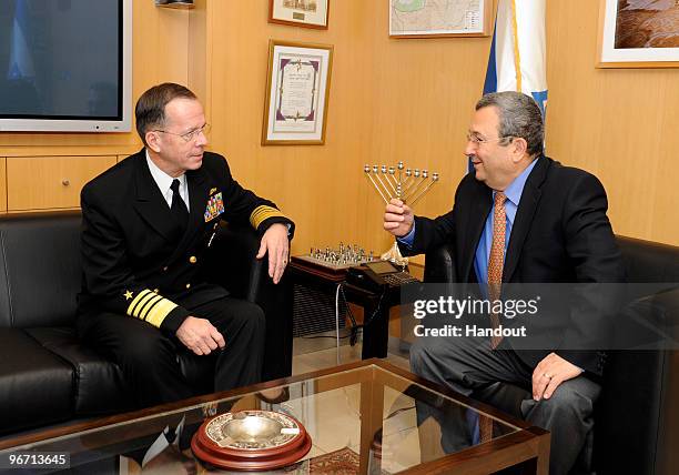 In this handout photo provided by the US Embassy in Tel Aviv, Chairman of Joint Chief of Staff Admiral Michael G. Mullen with Defense Minister Ehud...