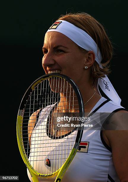 Svetlana Kuznetsova of Russia looks on during her first round doubles match with Victoria Azarenka of Belarus against Ipek Senoglu of Turkey and...