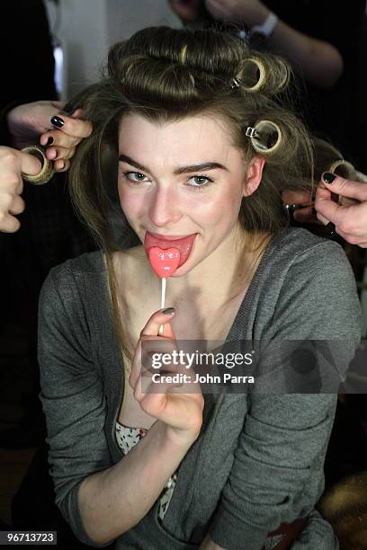 Model backstage at the Betsey Johnson Fall 2010 during Mercedes-Benz Fashion Week at the Altman Building on February 14, 2010 in New York City.