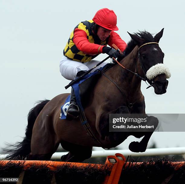 Danny Burton and Romney Marsh clear the last flight to go on and win The toteswinger 'Hands and Heels' Jumps Sereis Handicap Hurdle Race run at...