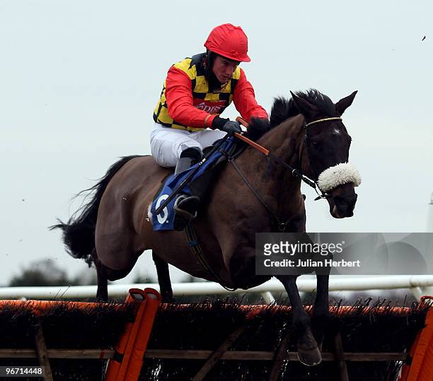 Danny Burton and Romney Marsh clear the last flight to go on and win The toteswinger 'Hands and Heels' Jumps Sereis Handicap Hurdle Race run at...