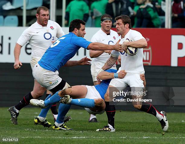 Mark Cueto of England is tackled by Josh Sole during the RBS Six Nations match between Italy and England at Stadio Flaminio on February 14, 2010 in...