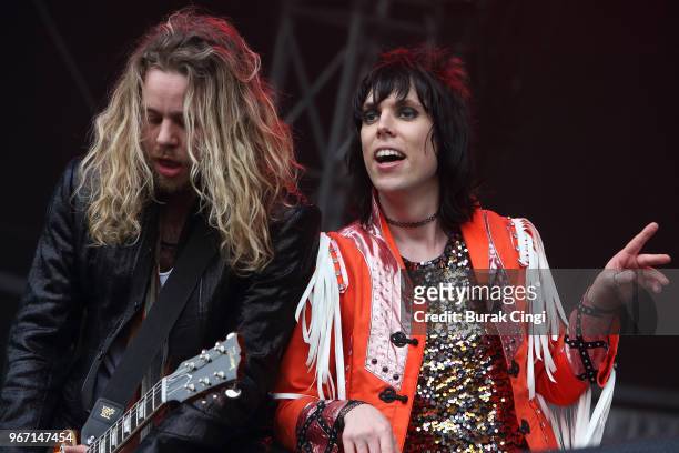 Adam Slack and Luke Spiller of The Struts perform on day 3 of the Governors Ball music festival at Randall's Island Park on June 3, 2018 in New York