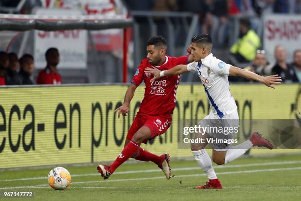 Anouar Kali of FC Utrecht, Navarone Foor of Vitesse during the Dutch Eredivisie play-offs final match between FC Utrecht and Vitesse Arnhem at the...