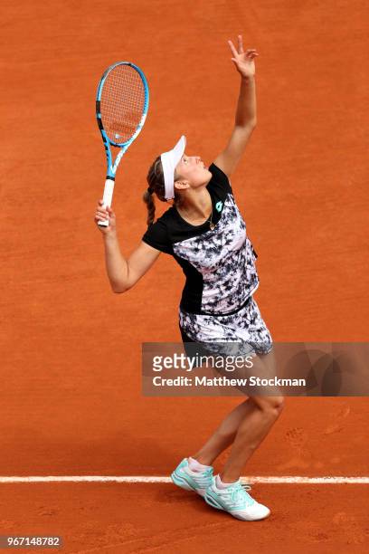 Elise Mertens of Belgium serves during the ladies singles fourth round match against Simona Halep of Romania during day nine of the 2018 French Open...