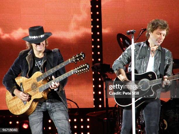 Richie Sambora and Jon Bon Jovi perform on stage on the Bon Jovi 'Lost Highway' tour at The Ricoh Arena on June 24th, 2008 in Coventry United Kingdom.