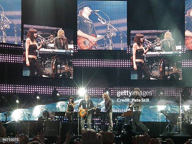 Lorenza Ponce, Richie Sambora, David Bryan and Jon Bon Jovi perform on stage on the Bon Jovi 'Lost Highway' tour at The Ricoh Arena on June 24th,...