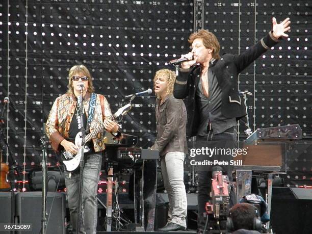 Richie Sambora, David Bryan and Jon Bon Jovi perform on stage on the Bon Jovi 'Lost Highway' tour at The Ricoh Arena on June 24th, 2008 in Coventry...