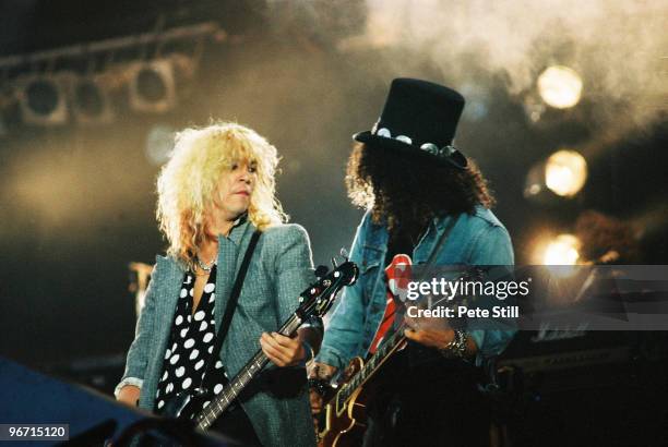 Duff McKagan and Slash of Guns n Roses perform on stage at The Freddie Mercury Tribute Concert at Wembley Stadium on April 20th, 1992 in London,...