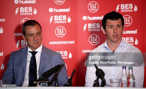 Fleetwood Town chairman Andy Pilley and new manager Joey Barton during the press conference at Highbury Stadium, Fleetwood.