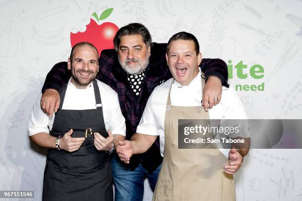 George Calombaris, Matt Preston and Gary Mehigan attend the SecondBite Waste Not Want Not Gala at Melbourne Cricket Ground on June 4, 2018 in...