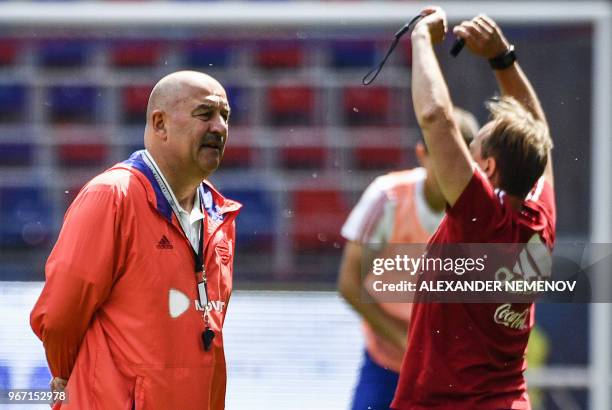 Russian national team's head coach Stanislav Cherchesov attends a training session in Moscow on June 4 a day before the international friendly...