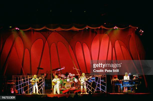 Steve Howe, Jon Anderson, Alan White, Chris Squire and Rick Wakeman of Yes perform on stage on their 'Going For The One' tour at Wembley Arena, on...
