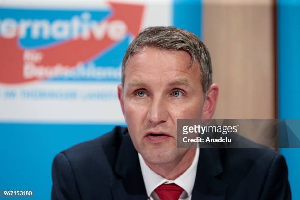 Alternative for Germany in Thuringia State Assembly Group Head Bjorn Hoecke holds a press conference at the Federal Press Centre in Berlin, Germany...