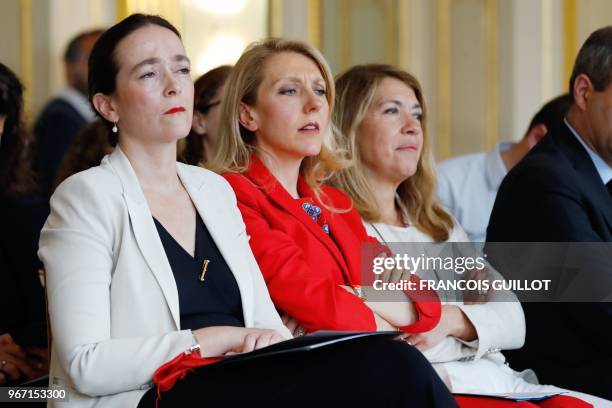 Delphine Ernotte , Sibyle Veil , and Marie-Christine Saragosse attend a press conference by French Culture minister to present a draft reform on...