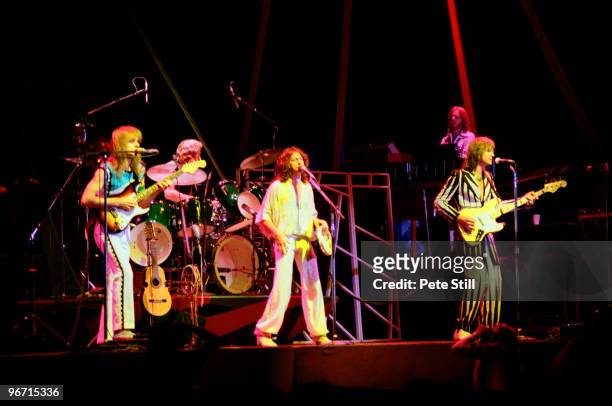 Steve Howe, Alan White, Jon Anderson, Rick Wakeman and Chris Squire of Yes perform on stage on their 'Going For The One' tour at Wembley Arena, on...
