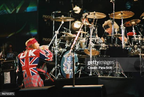 Axl Rose and drummer Matt Sorum of Guns n Roses perform on stage on The Freddie Mercury Tribute Concert at Wembley Stadium on April 20th, 1992 in...