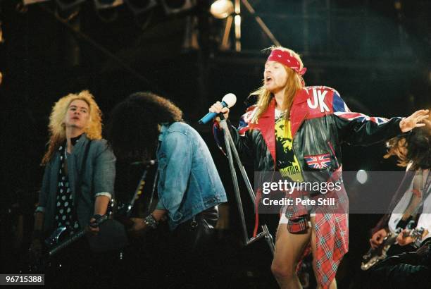 Duff McKagan, Slash, Axl Rose and Gilby Clarke of Guns n Roses perform on stage at The Freddie Mercury Tribute Concert at Wembley Stadium on April...