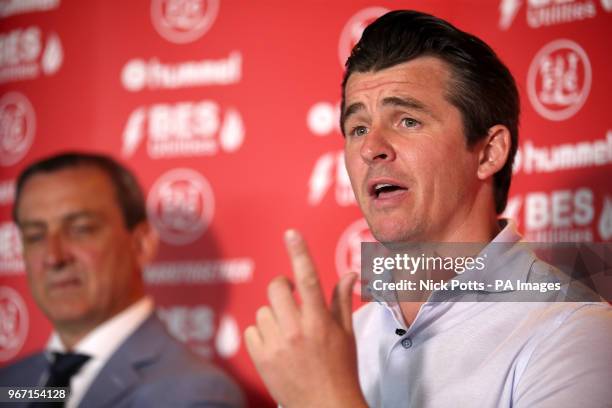 New Fleetwood Town manager Joey Barton during the press conference at Highbury Stadium, Fleetwood.