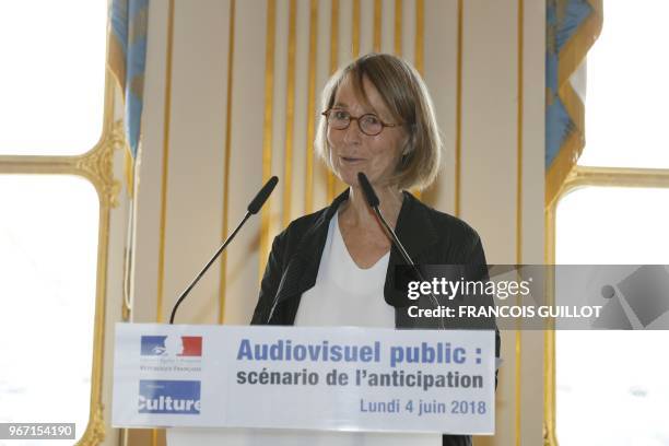 French Culture Minister Francoise Nyssen speaks during a press conference to present a draft reform on French state own media sector at the French...