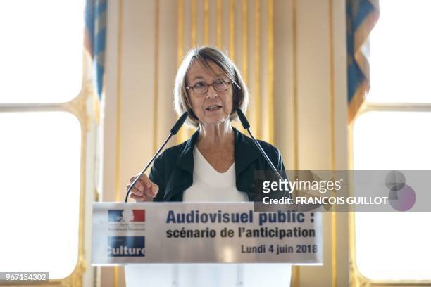 French Culture Minister Francoise Nyssen speaks during a press conference to present a draft reform on French state own media sector at the French...