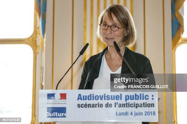 French Culture Minister Francoise Nyssen speaks during a press conference to present a draft reform on French state own media sector at the French...