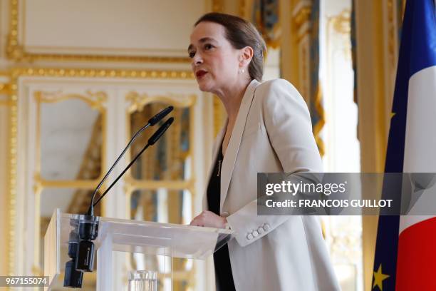 France Télévisions president Delphine Ernotte speaks during a press conference to present a draft reform on French state own media sector at the...