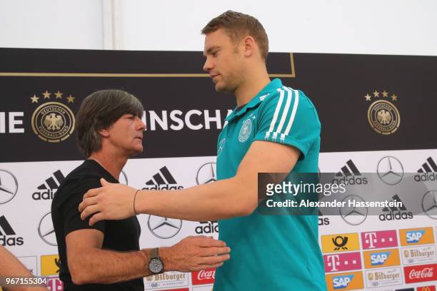 Manuel Neuer arrives with Joachim Loew, head coach of the German national team for a press conference with of the German national team at Sportanlage...
