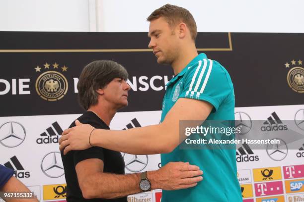 Manuel Neuer arrives with Joachim Loew, head coach of the German national team for a press conference with of the German national team at Sportanlage...