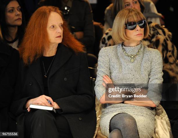Vogue creative director Grace Coddington and Editor-in-chief of American Vogue Anna Wintour attend the Zac Posen Fall 2010 Fashion Show during...