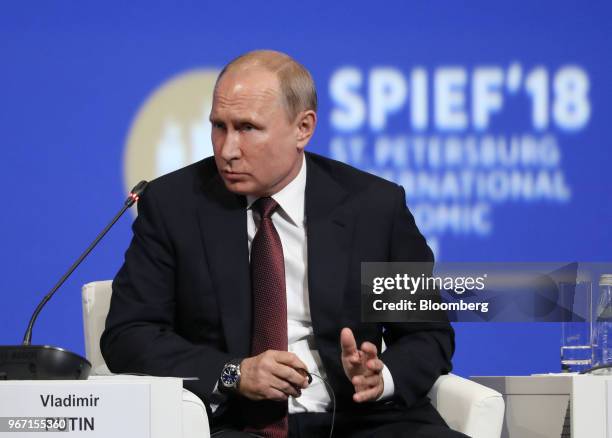 Vladimir Putin, Russia's president, gestures as he speaks during the plenary session at the St. Petersburg International Economic Forum in St....