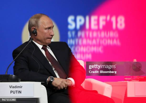 Vladimir Putin, Russia's president, pauses during the plenary session at the St. Petersburg International Economic Forum in St. Petersburg, Russia,...