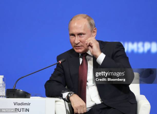 Vladimir Putin, Russia's president, gestures as he speaks during the plenary session at the St. Petersburg International Economic Forum in St....