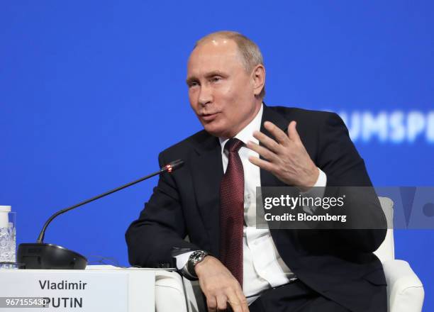 Vladimir Putin, Russia's president, gestures as he speaks during the plenary session at the St. Petersburg International Economic Forum in St....