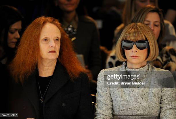 Vogue creative director Grace Coddington and Editor-in-chief of American Vogue Anna Wintour attend the Zac Posen Fall 2010 Fashion Show during...