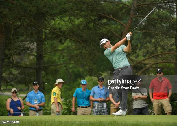 Patrick Cantlay plays a tee shot on the second hole during the final round of the Memorial Tournament presented by Nationwide at Muirfield Village...