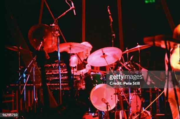 Drummer Alan White of Yes performs on stage on the 'Going For The One' tour at Wembley Arena, on October 28th, 1977 in London, United Kingdom.