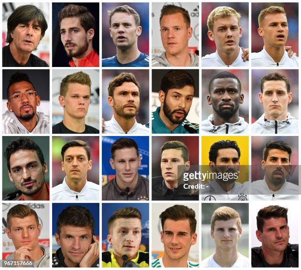 Combination of recent pictures made on June 4, 2018 shows the final German squad for the World Cup 2018 in Russia. Joachim Loew, Bundestrainer, Kevin...