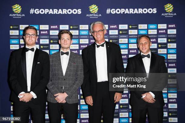 Ben Atkins, Ben Roche, FFA CEO David Gallop and David Barber arrive ahead of the premiere of the documentary film 'The Pararoos' at Carriageworks on...