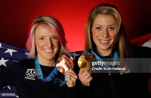 Bronze medal-winning moguls skier Shannon Bahrke and gold medal-winning moguls skier Hannah Kearney of the United States pose with their medals in...