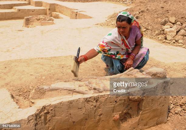 An Indian woman clean the remains of a burial belonging to Indus Valley civilisation during an archeological excavation at Sanauli site in Baghpat on...