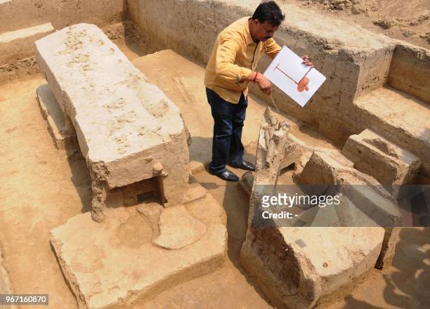 Sk Manjul, director of the Archeological Institute of India, looks at a the remains of a chariot belonging to Indus Valley civilisation after an...
