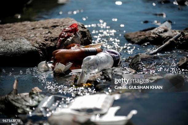 Plastic and other waste litter the banks of the Jukskei River which runs through the Alexandra Township in Johannesburg on June 3, 2018. - The United...