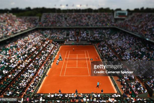 General view over Court Philippe Chatrier during the mens singles fourth round match between Rafael Nadal of Spain a Maximilian Marterer of Germany...