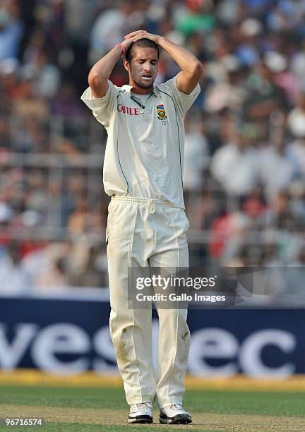 Wayne Parnell of South Africa during day two of the Second Test match between India and South Africa at Eden Gardens on February 15, 2010 in Kolkata,...
