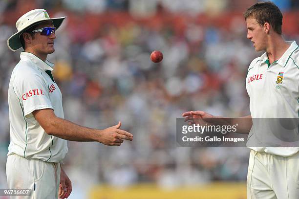Graeme Smith and Morne Morkel of South Africa during day two of the Second Test match between India and South Africa at Eden Gardens on February 15,...
